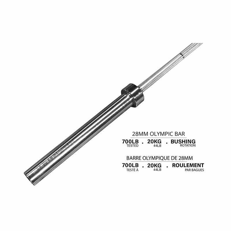 Barre olympique - 86,5", 28 mm, 44LB - Bague et roulement - Fitness Dépôt +