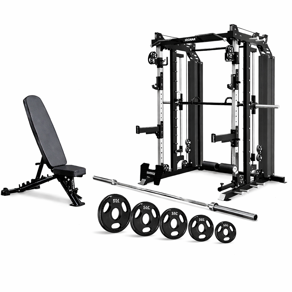 Bundle Smith machine Ironax – Smith + banc + barre + poids - Fitness Dépôt +