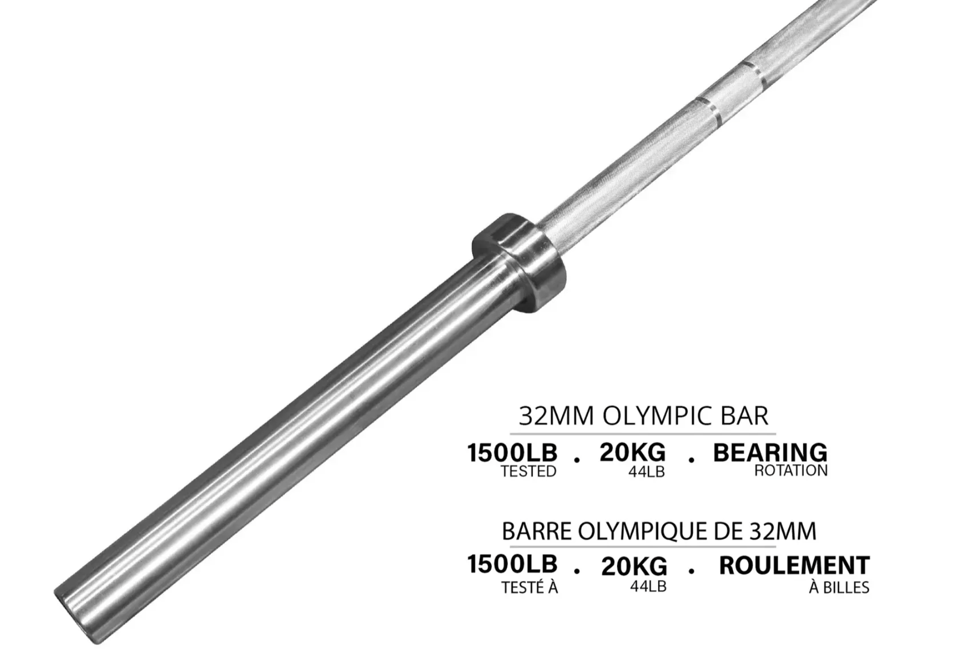Barre olympique Northern Lights - 86", 32 mm, 44LB - Roulement - Fitness Dépôt +