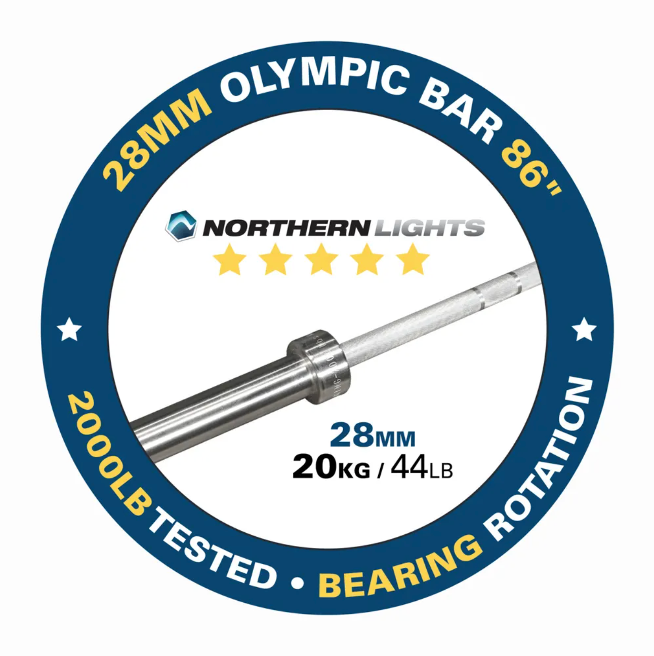 Barre olympique en chrome dur Northern Lights - 86", 28 mm, roulement - indice de 2 000 lb - Fitness Dépôt +
