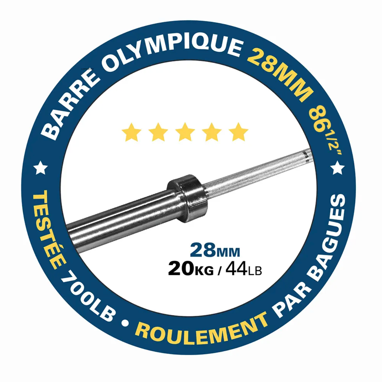 Barre olympique - 86,5", 28 mm, 44LB - Bague et roulement - Fitness Dépôt +