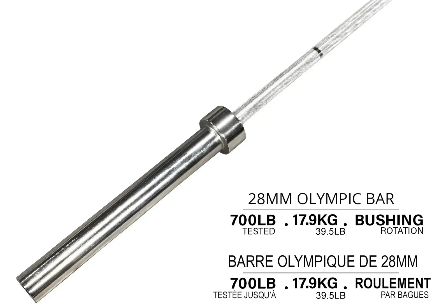 Barre olympique, capacité de 700 lb, 28 mm, 39,5 lb - Fitness Dépôt +