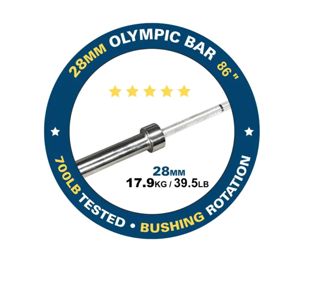 Barre olympique, capacité de 700 lb, 28 mm, 39,5 lb - Fitness Dépôt +