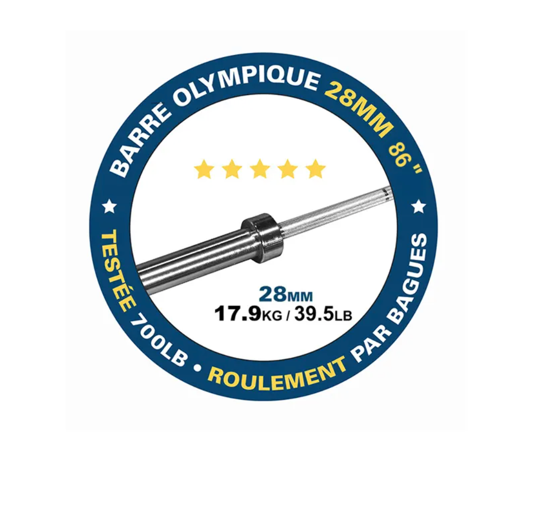 Barre olympique, capacité de 700 lb, 28 mm, 39,5 lb - Fitness Dépôt +