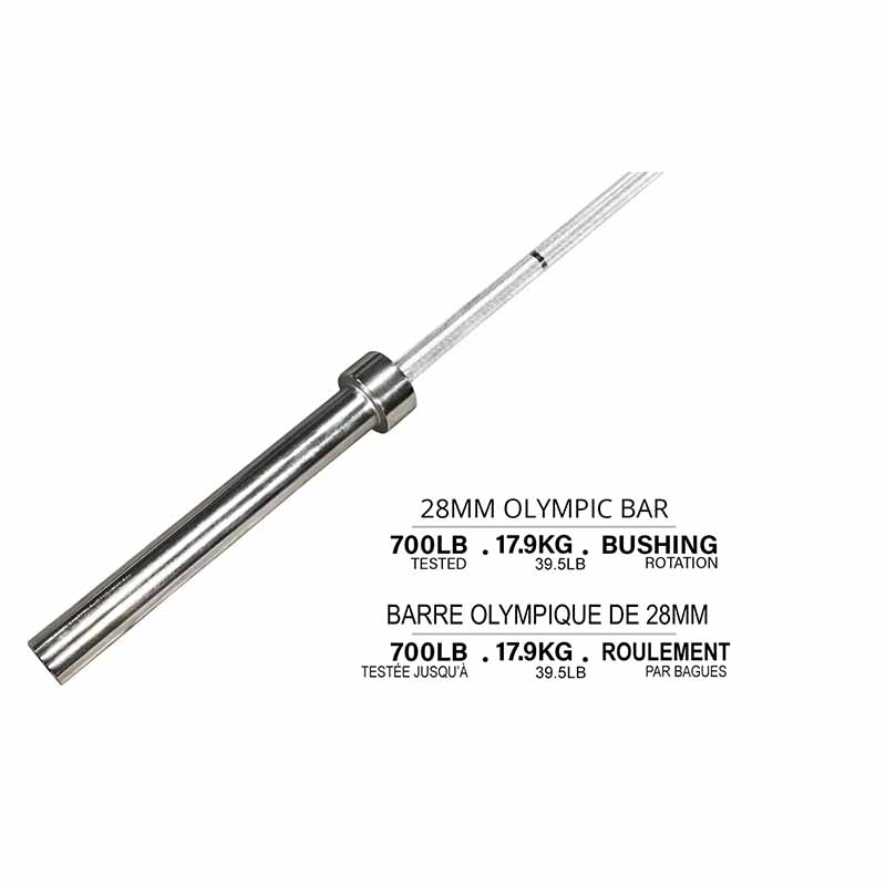 Barre olympique, capacité de 700 lb, 28 mm, 39,5 lb - Fitness Dépôt +